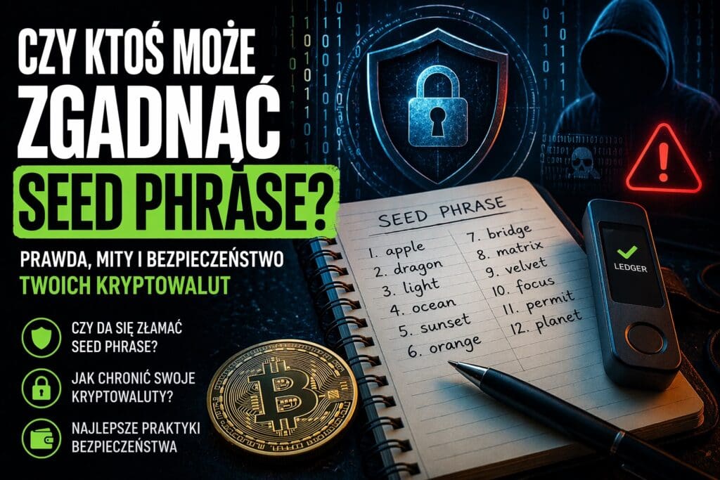 Ilustracja przedstawiająca seed phrase zapisane w notesie obok portfela sprzętowego i symbolu Bitcoina, na tle motywu cyberbezpieczeństwa.